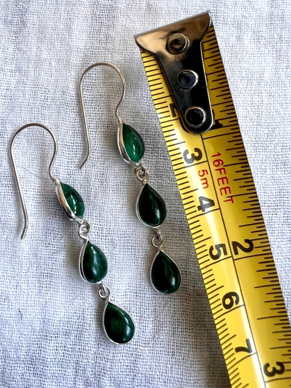 925 Malachite 3 Stone Dangle Earrings - Picture 7 of 7